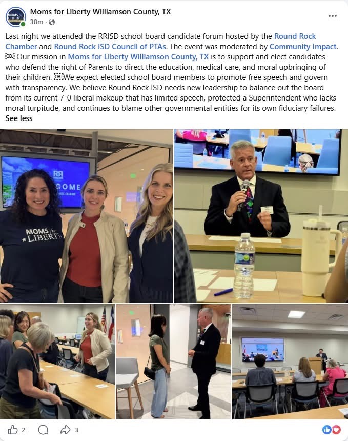 Moms for Liberty Williamson County TX Facebook post about attending the RRISD school board candidate forum